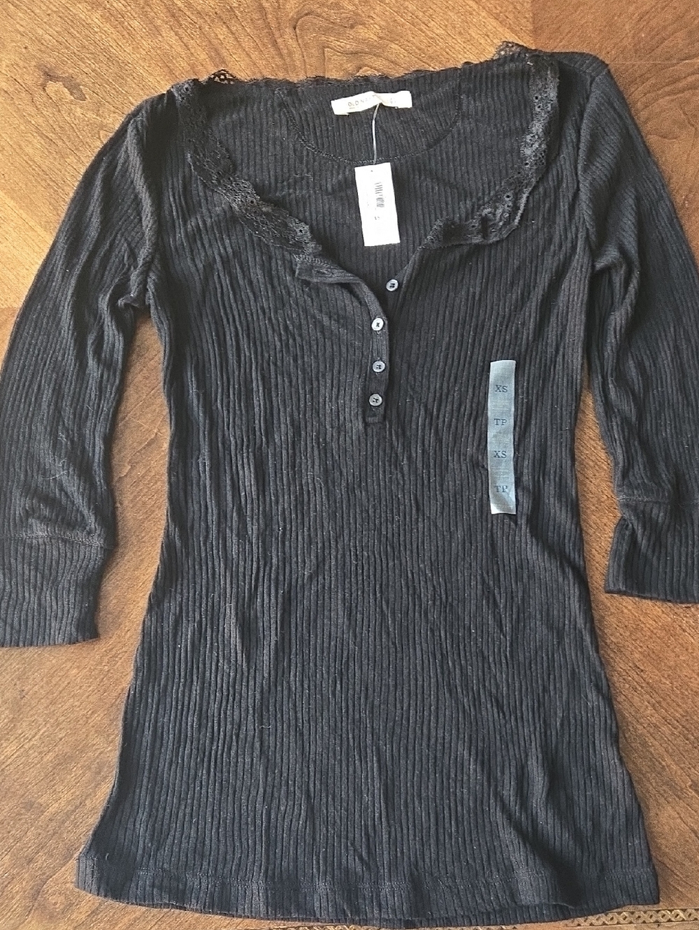 Old Navy Black Ribbed Lace-Trim Henley
